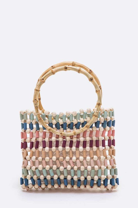 Beaded Palm Leaf Bag with Bamboo Handles