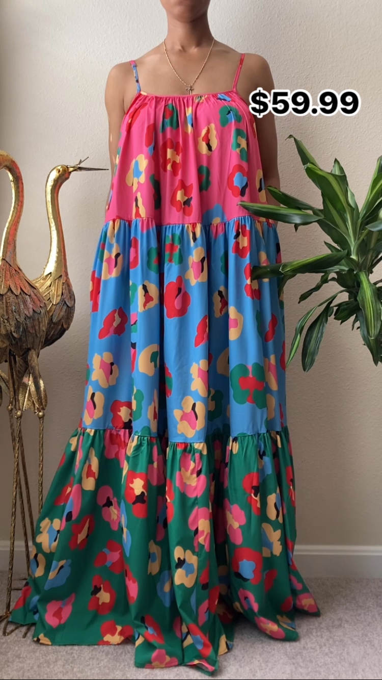 Bold Color Block Floral Print Oversized Maxi Dress-1 Left❗️