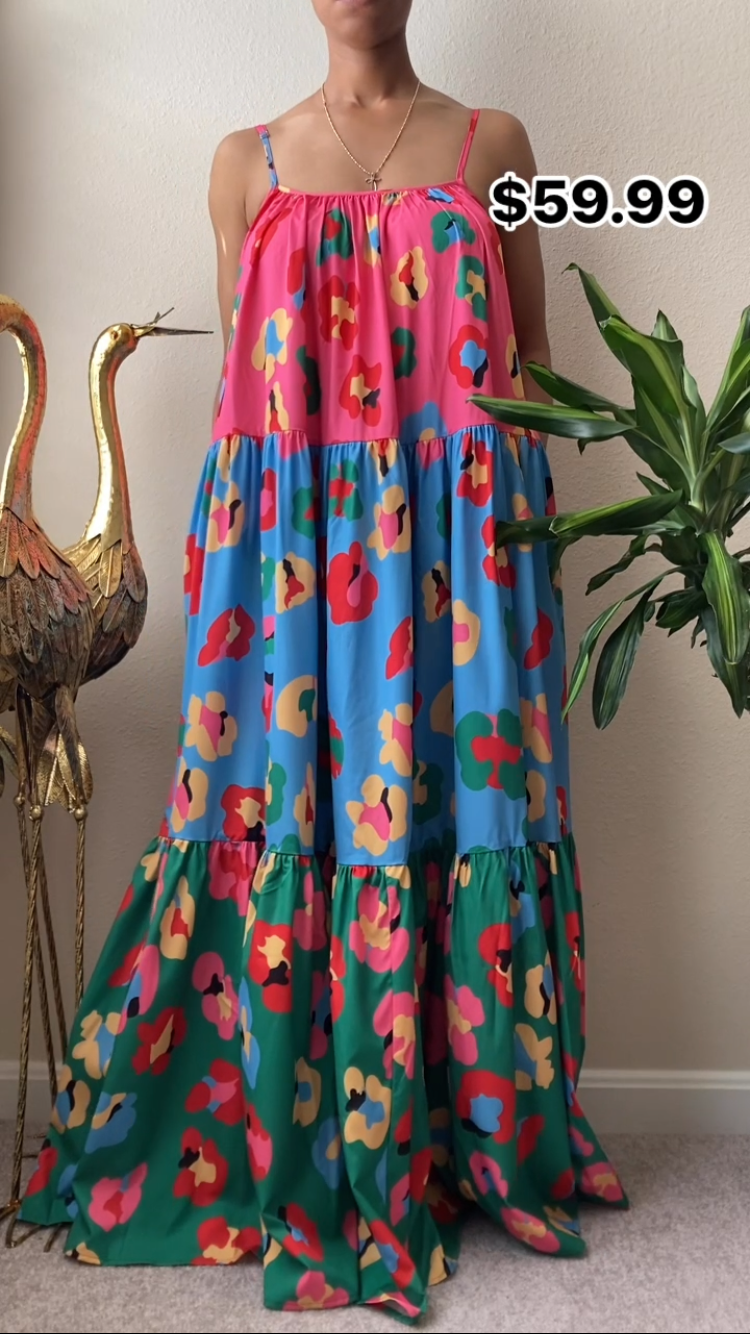 Bold Color Block Floral Print Oversized Maxi Dress-1 Left❗️