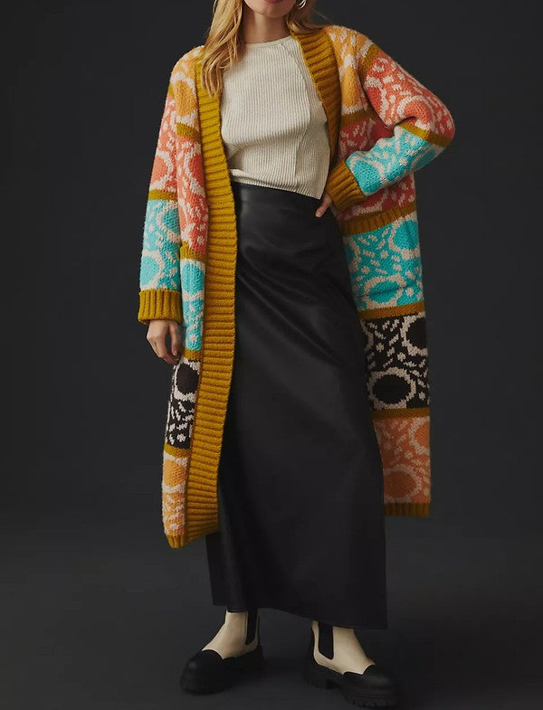 Multi Print Long Coat Cardigan